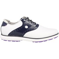View FootJoy Traditions Previous Season Shoe Style Spikeless White/Navy/Purple