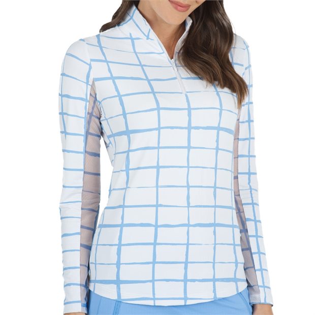 IBKUL Print Long Sleeve Mock Neck Top Ladies Long Sleeve Polo Shirt - White/Peri - Size: XXL