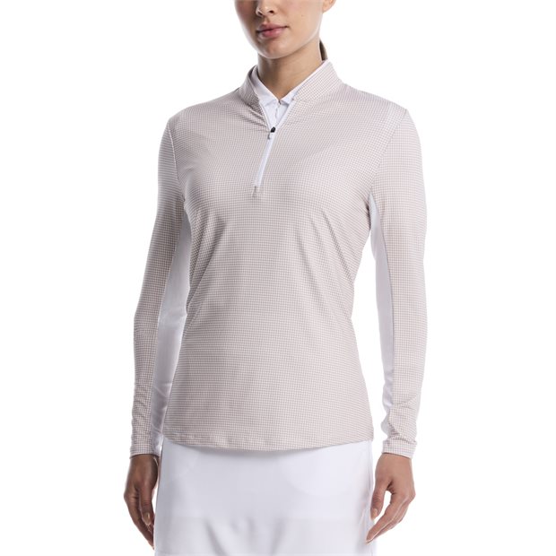 Ben Hogan L/S Houndstooth Sun Protection Shirt Ladies Long Sleeve Polo Shirt - Light Taupe - Size: XL