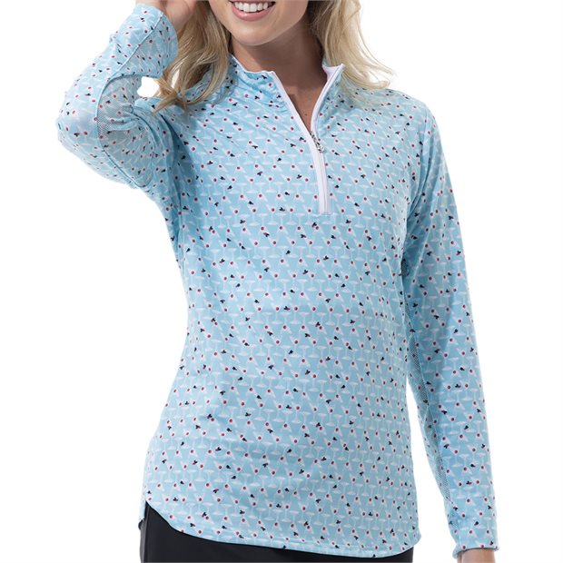 SanSoleil Solcool Hot Toddy Print Ladies 1/4 Zip - Blue Multi - Size: XS
