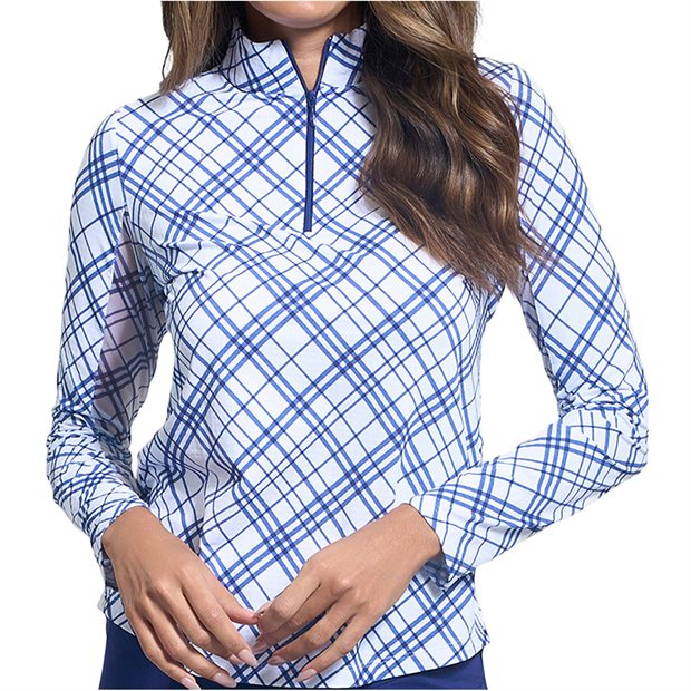 IBKUL Tony 1/4 Zip Mock Neck Ladies Long Sleeve Polo Shirt - Navy/White - Size: S