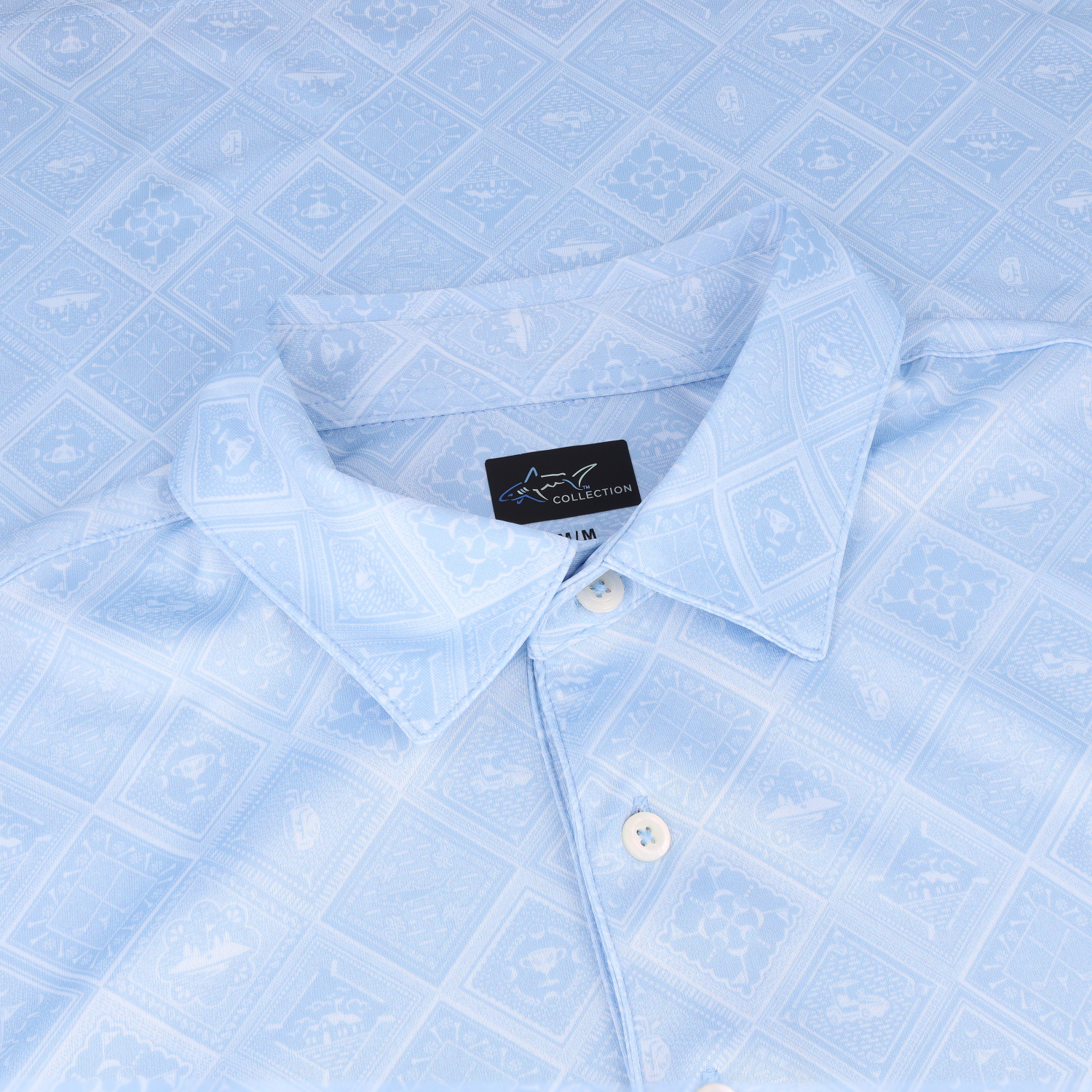 Greg Norman ML75 Recycled Microlux Golf Tiles Print Blue Haze Shirt Men - Picture 25 of 25